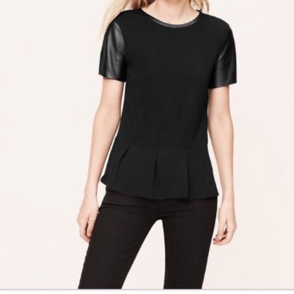 LOFT  Black Faux Leather Peplum Blouse